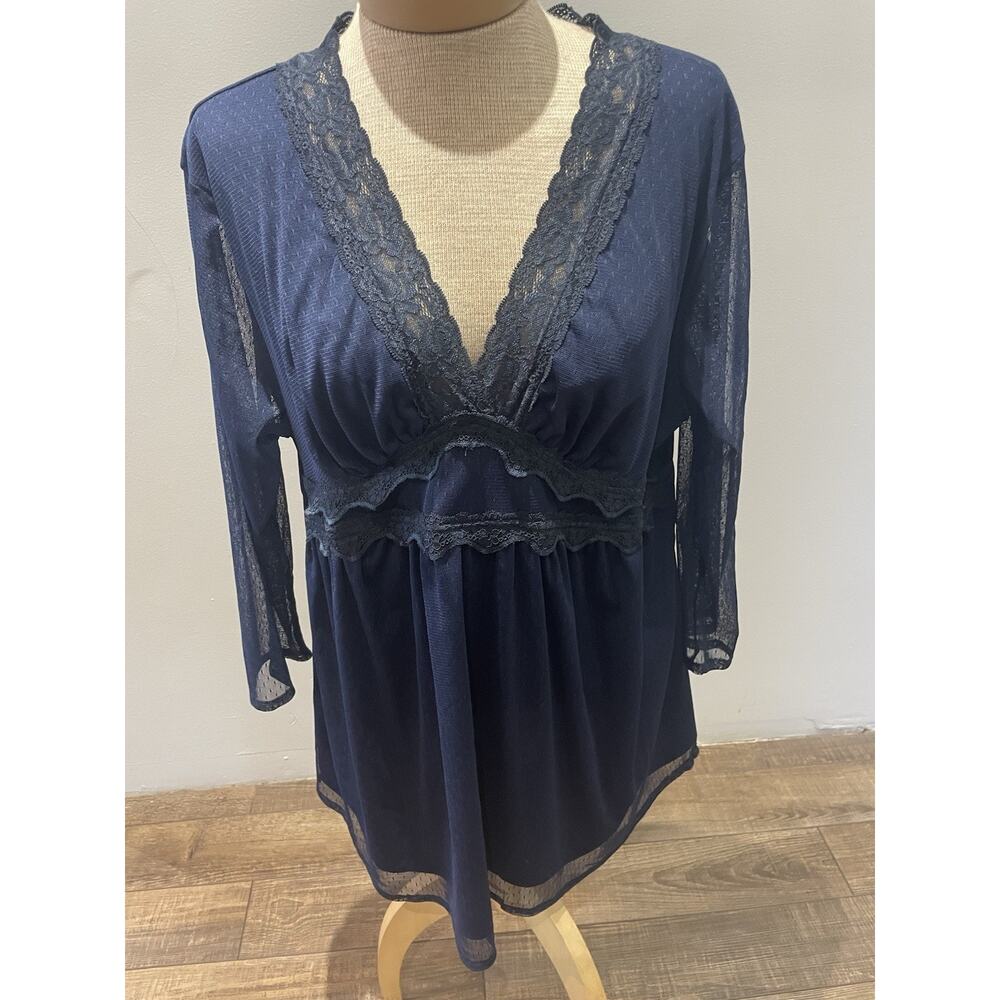 Suzanne Betro Lace Navy Sheer Lacy Babydoll Tunic Long Sleeve 1X Flowy Soft Boho